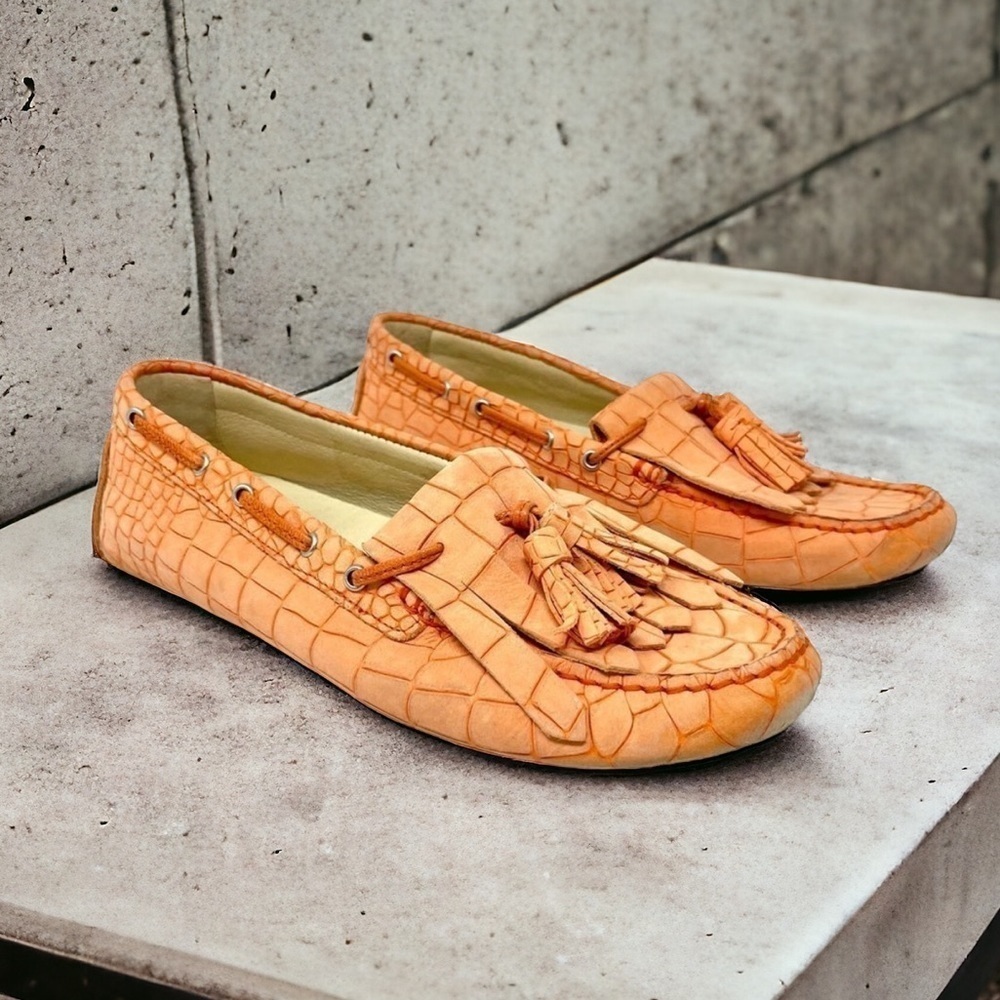 𝅺BOEMOS Orange Nubuck Croc Embossed Tassel Loafer Driving Moccasins Size 37